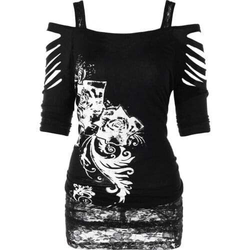 Gothic Clothes Fashion Summer Women Off Shoulder Rock Goth Shirt Casual Ripped Tshirt Indie Cropped Hollow Out Beach Tops #T2P