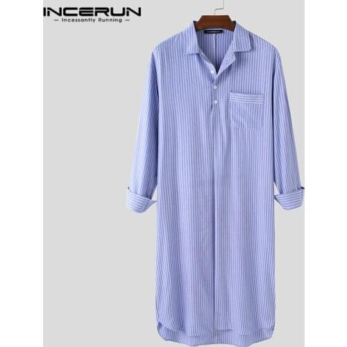Fashion Men Robes Striped Leisure Lapel Long Sleeve Button Comfortable Homewear Nightgown Mens Bathrobes Sleepwear S-5XL INCERUN