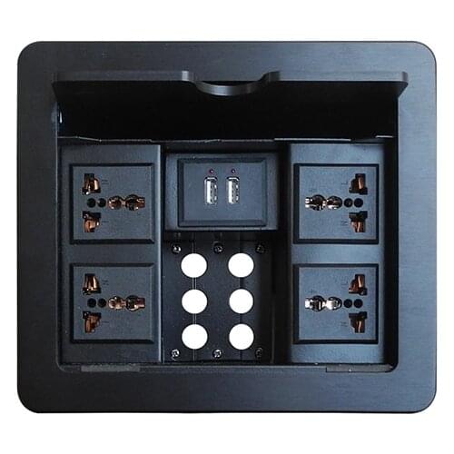 Cable cubby with four universal socket USB chargers and cables aluminum panel and 6*Drawing hole