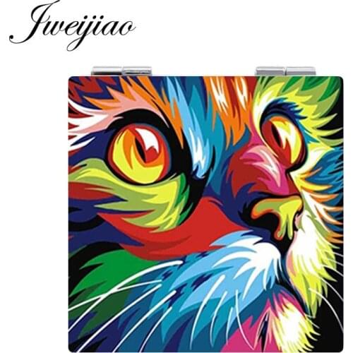 Youhaken Painting Cat Pocket Mirror Cute Animal Picture Makeup Mirror Mini Folding Square 1X/2X Magnifying PU Leather