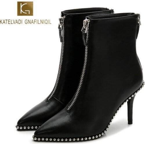 KATELVADI 2020 New Autumn And Winter High Heel Boots 8CM Black PU Metal Zipper Pointed Female Stiletto Boots K-473
