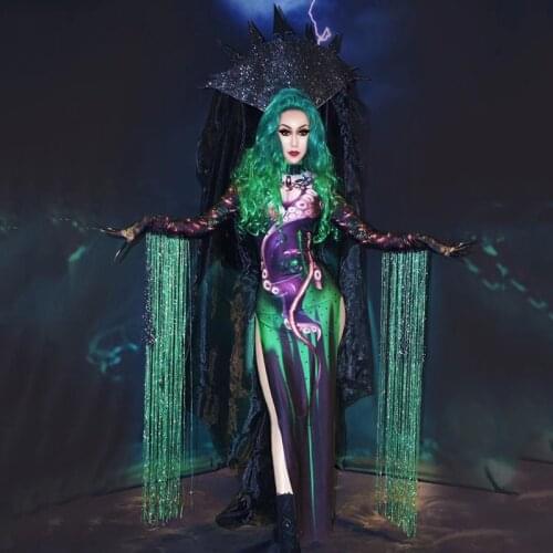 Nightclub Bar Stage Dance Costume Halloween Cosplay Party Green Fringe False Print Cheongsam Dress Female Festival Outfit DT1684