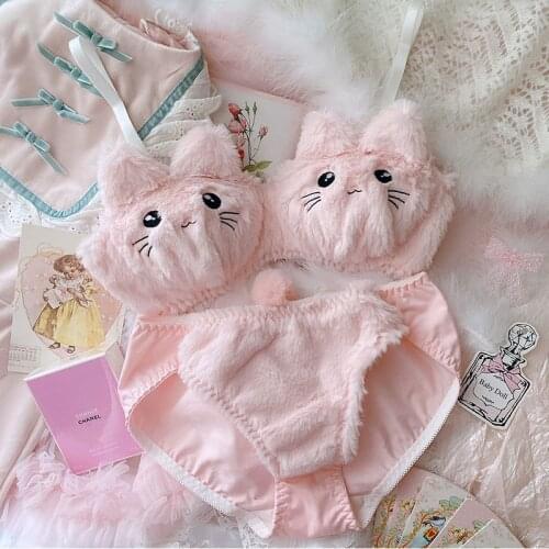 Sweet Cute Cat Wire Free Comfortable Bra Set Cartoon Animie Underwear Suit Sexy Lace Plush Emroidery Women Lingerie Brifes