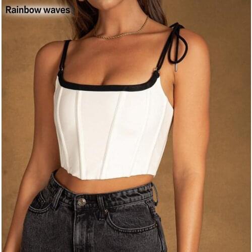 Rainbowwaves Corset Top Summer Womens Fashion Patchwork Color Slim Sexy Halter Crop Top