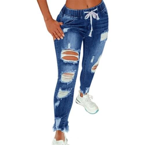 Fashion Women Elastic Drawstring Holes Long Jeans Trouser Dating Streetwear Light Blue Denim Pants Long Jeans Ripped jeans