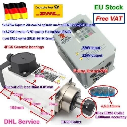 DE Square 2.2kw Air cooled CNC spindle motor 220V 24000rpm ER20 4 bearings & Fuling VFD Inverter 220V & 4pcs ER20 Quality collet