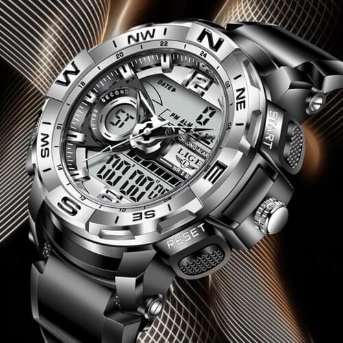 Mens Watches LIGE 2021 Silicone Strap Men Quartz Wristwatch Creative Diving Waterproof Alarm Watch Sport Dual Display Clock+Box