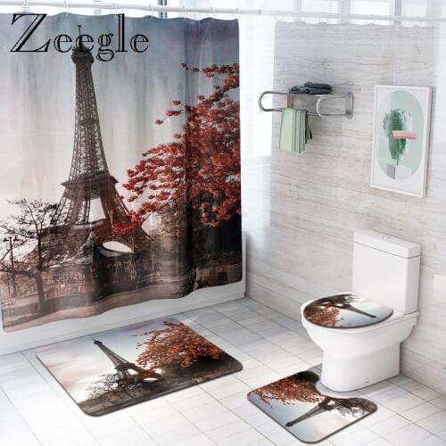 Bath Mat and Shower Curtain Set Soft Toilet Cover Seat Mat Bath Rug Anti-slip Toilet Pedestal Rug Waterproof Shower Curtain Set