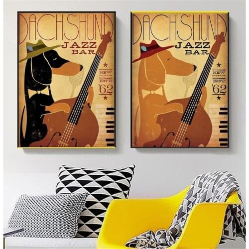 Retro Music Dog Wall Art Canvas Painting Posters Funny Animals Dachshund Jazz Bar Room Decoration Pictures for Living Home Decor