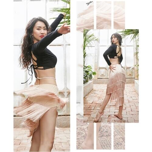 New belly dance vest sexy backless breathable long sleeves + sexy encrypted full fringed skirt split practice clothes