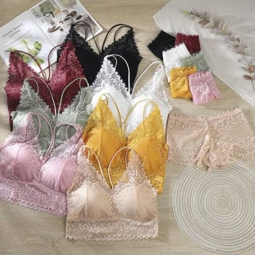 French-style New Thin Lace Bra Gather No Steel Ring Cross Sling Breast-wrapped Womens Underwear Set