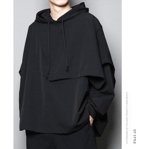 Hooded Mens Coat Autumn New Solid Color Hooded Jumper Asymmetrical Irregular Cut Stitching Loose Youth Fashion Coat