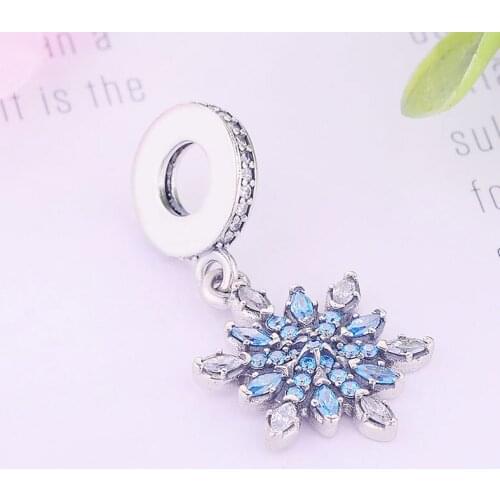 925 Sterling Silver Blue Snowflake Natural Cubic Zircon Beads Pendant Fit Original Pan Charm Bracelet Making Spacer Berloque