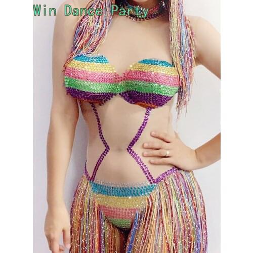 Rainbow Colorful Jumpsuit Sexy Womens Costume Nigthclub Female Singer Show Dance Outfit Rompers Stretch Bodysuit