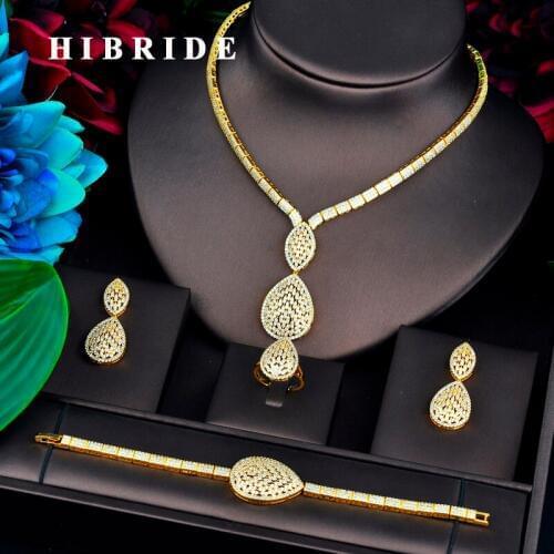 HIBRIDE Luxury Gold Color Dubai Bridal Jewelry Sets For Women Necklace Earring Ring Bracelet Jewelry Accessories N-745