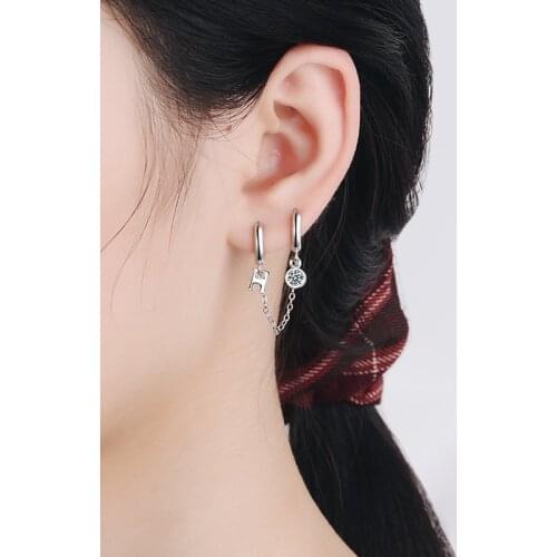 New Fashion Two Ear Hole Piercing Hoop Earrings Chain Tassel Zirconia Crystal Simple Bohemia Earring Jewelry For Lady Girls Gift