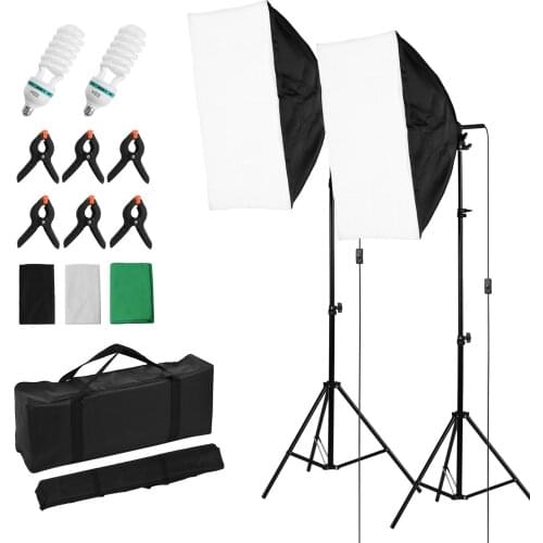 CZ Photography Light 50*70cm Softboxes*2/125W 5500K Light Bulbs*2/2M Light Stand/3*Backdrop White/Black/Green/6*Clamp+Carry Bag