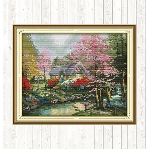 The Stream Side Cottage Chinese Cross Stitch Set Scenery Painting Needlework Set DIY Handmade 14ct 11ct Counted Printed Canvas