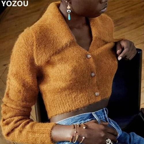 YOZOU Autumn Winter Cardigans Solid Y2K Casual Women Preppy Single Breasted Turn-Down Collar Brown Black Short Sweater Crop Top