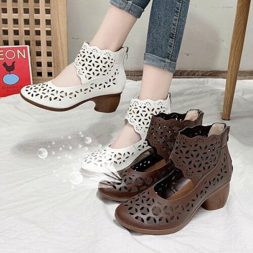 Vintage Hollow Out Square Heels Boots Sandals Women 2021 Pu Leather Gladiator Shoes Woman Round Toe Ethnic Style Shoes