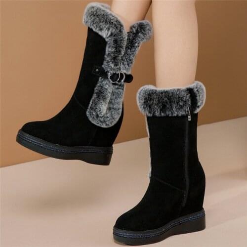 Winter Creepers Women Genuine Leather Wedges High Heel Ankle Boots Female Warm Rabbit Fur Round Toe Platform Pumps Casual Shoes