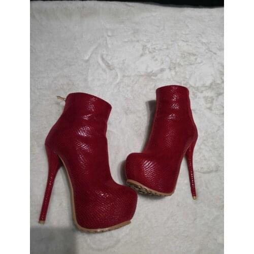 Plus size47 red platform extreme high heel ankle boots for women snake skin print round toe zipper sexy botines shoes woman