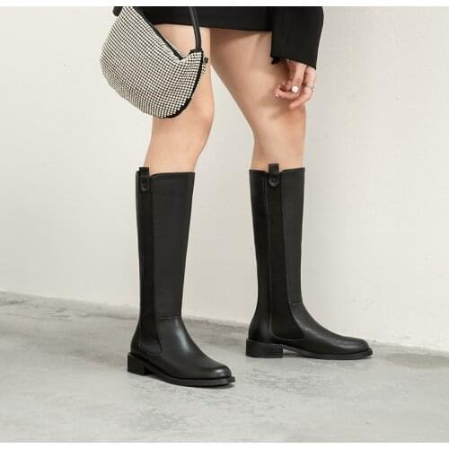 QZYERAI New Genuine Leather High Boots Women Winter Warm Back Party Basic Shoes Woman Riding Boots Round Toe Knee High Boots
