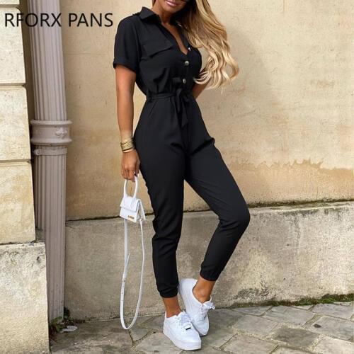 Womens Short Sleeve Casual Pockets Lace Up Solid Jumpsuit