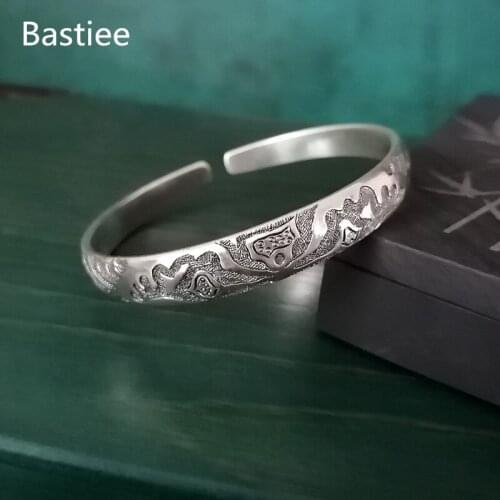 Bastiee Lotus Flower 999 Sterling Silver Bangles For Women Armband Hmong Jewellery Luxury Bangle Vintage Bracelet Handmade Gifts