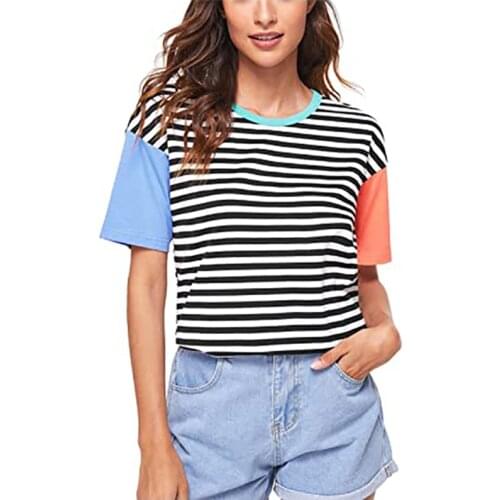 2021 Summer Women Vintage Short Sleeve Tops Casual O-Neck Stripe Splicing Tshirt Loose Pullover Color Contrast Tee Top
