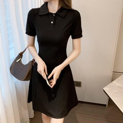 2021 Summer Dress Womens New French Style POLO Collar Short Sleeve Solid Color Dress High Waist Slimming Hedging Mini Dress