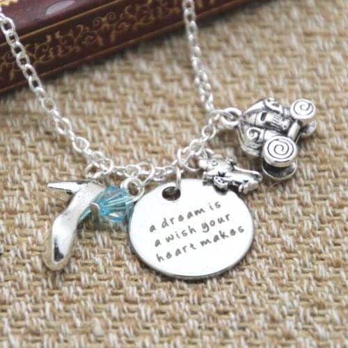 12pcs/lot Cinderella Inspired Necklace A Dream is a Wish Your Heart Makes Silver colored crystal for women or girls