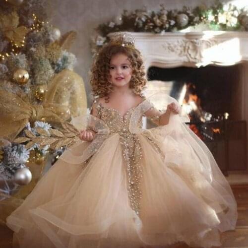 2020Champagne Ball Gown Girls Pageant Dresses Long Sleeves Pearls Lace Applique Princess Tulle Puffy Kids Flower Girls Birthday