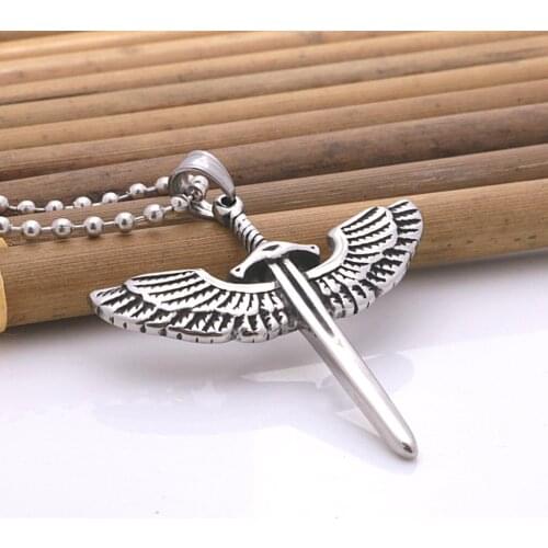 1PC Fashion Retro Titanium Steel Alloy Mens Sweater Chain Unisex Vintage Angel Wing Sword Stainless Steel Pendant Necklace