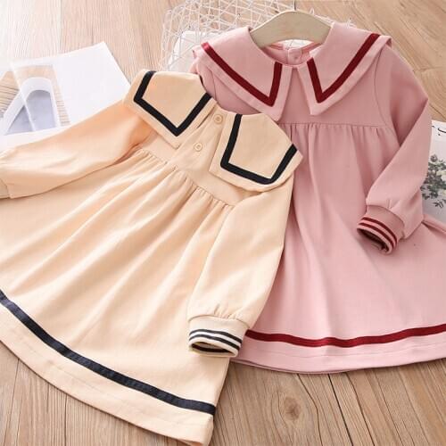 2021 Spring Autumn 2 3 4 6 8 10 Years Turn-Down Collar Cotton Princess School Long Sleeve Preppy Style Dress For Kids Baby Girl