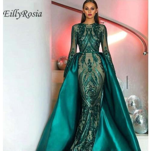Elegant Dark Green Long Sleeve Evening Dresses With Detachable Train Sequin Moroccan Kaftan Muslim Formal Party Evening Gowns