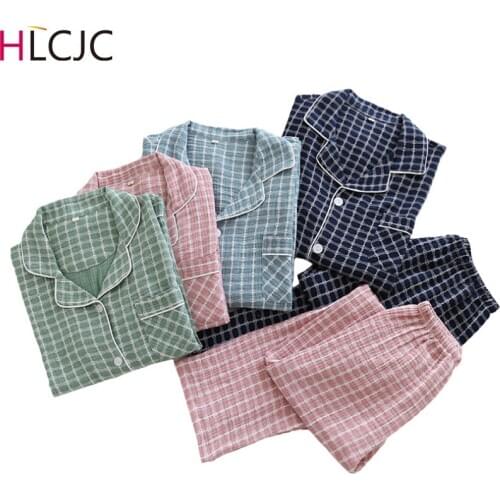 Couple Pajama Set 100% Cotton Crepe Couples Pajamas Sets Women and Men Sleepwear Long Sleeve Soft Pyjamas Female Men Pajama Set