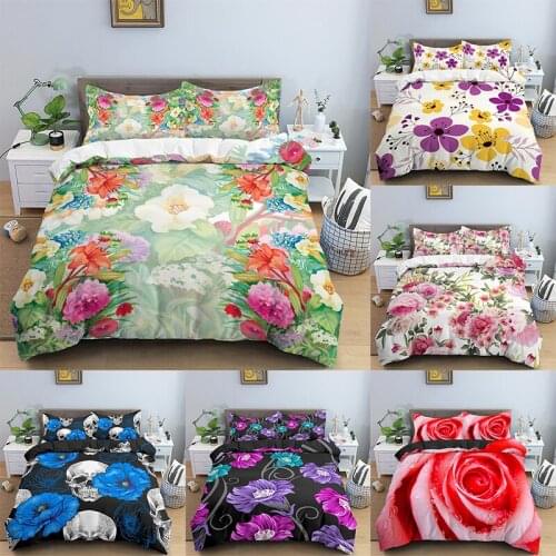 Flowers Printed Bedding Sets Soft Duvet Cover Bedclothes with Pillowcase Twin/Queen/King Size for Kids Bed Room