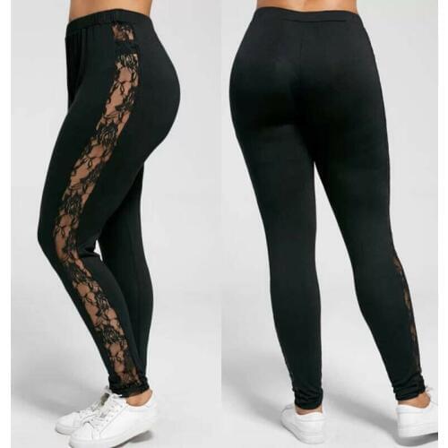 Plus Size L-3XL Fashion Sexy Women Lace Pants Insert Sheer Trousers Leggings Streetwear Fashion Mujer Sporting Elastic Waist