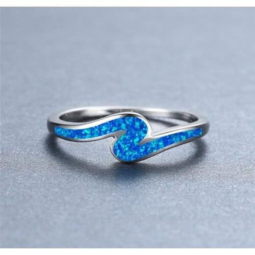 Fashion Geometric Ocean Wave Ring White Blue Fire Opal Stone Ring Vintage Silver Color Engagement Rings For Women Bridal Jewelry