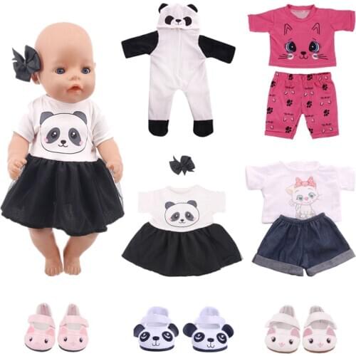 Cartoon Panda, Cat Clothes，Shoes For 18 Inch American&43Cm Baby New Born Doll Our Generation , For Baby Birthday Festival Gift