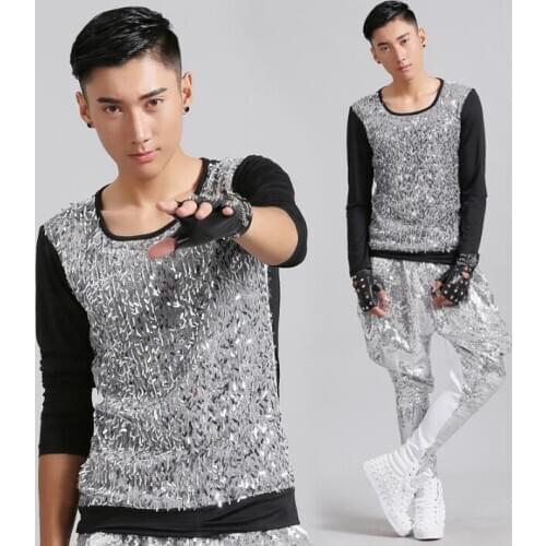 Splice fashion punk slim sexy sequins shirt men long sleeve teenage korean shirt mens personality stage singer dance