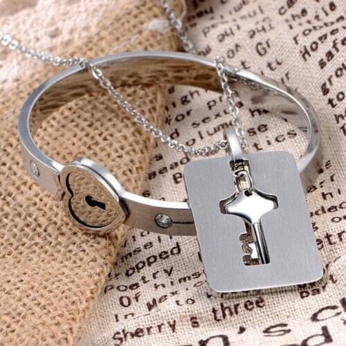 Stainless Steel Love Heart Lock Bangle Bracelet and Key Pendant Necklace Set