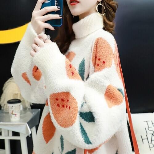 2021 New Mink Velvet Women Sweater Winter Loose Turtleneck Casual Sweater Print Thicken Pullovers Sweater YP3014