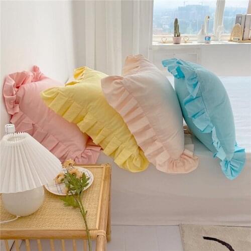 Cilected 100% Cotton Korean Ins Solid Color Lotus Leaf Lace Cushion Cover Square Home Sofa Decoration Small Fresh Pillowcase