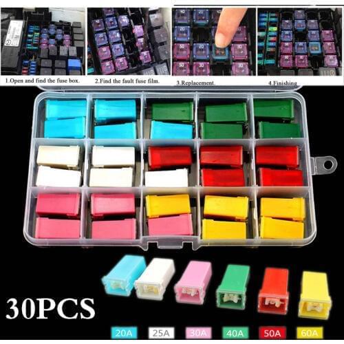 30pcs/box 20A-60A F2828-Z PAL Fuse Mini ABS Copper Long Female Fuse Link Jcase FMX PAL Cartridge Fuse Kit for Japanese Auto Car