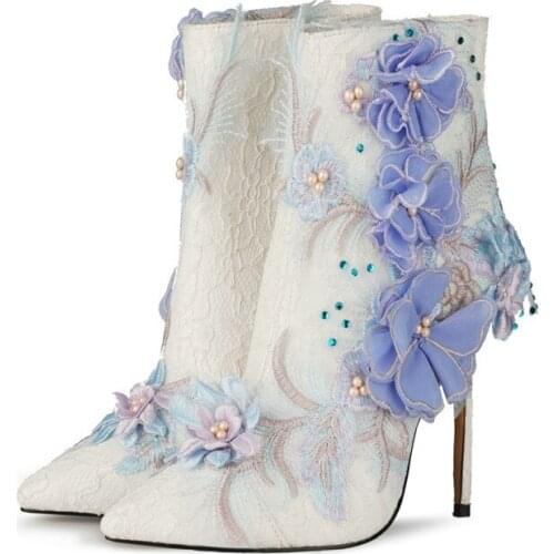 Short Boots Pumps Shoes For Brides Thin Heels Pointed Toe Embroider Lace Sweet Zip High Heels Boots Women Handmade Wedding Shoes