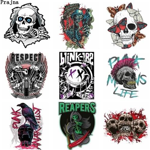 Prajna Skull Punk Rock Heat Transfer Vinyl Patches Iron on Transfer for Clothes Stripes Thermo Sticker Iron on Patches Stripes
