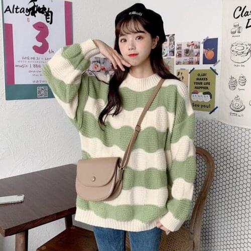 Pullovers Women Striped O-Neck Casual Sweet Girls Korean Style College Loose Fashion All-match Simple Cozy Vintage Retro Elegant