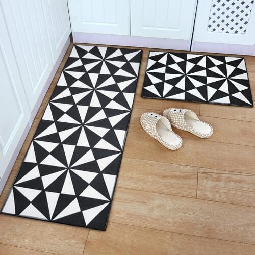 RAYUAN Flannel Black and White Geometric Kitchen Floor Mats Door Mat Long Carpets Anti-slip Doormat Rug Multi Size